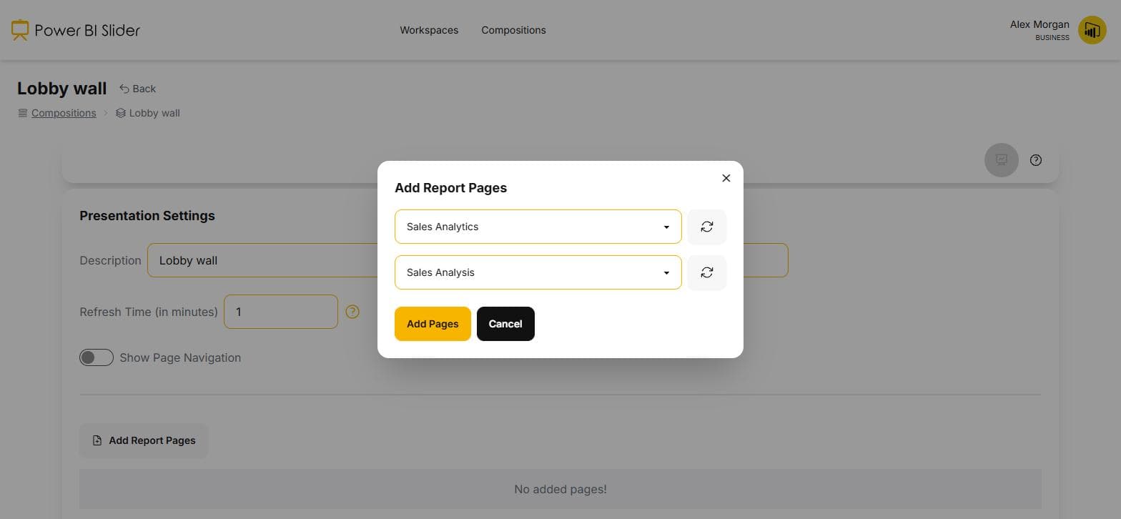 Add a page: choose report and page
